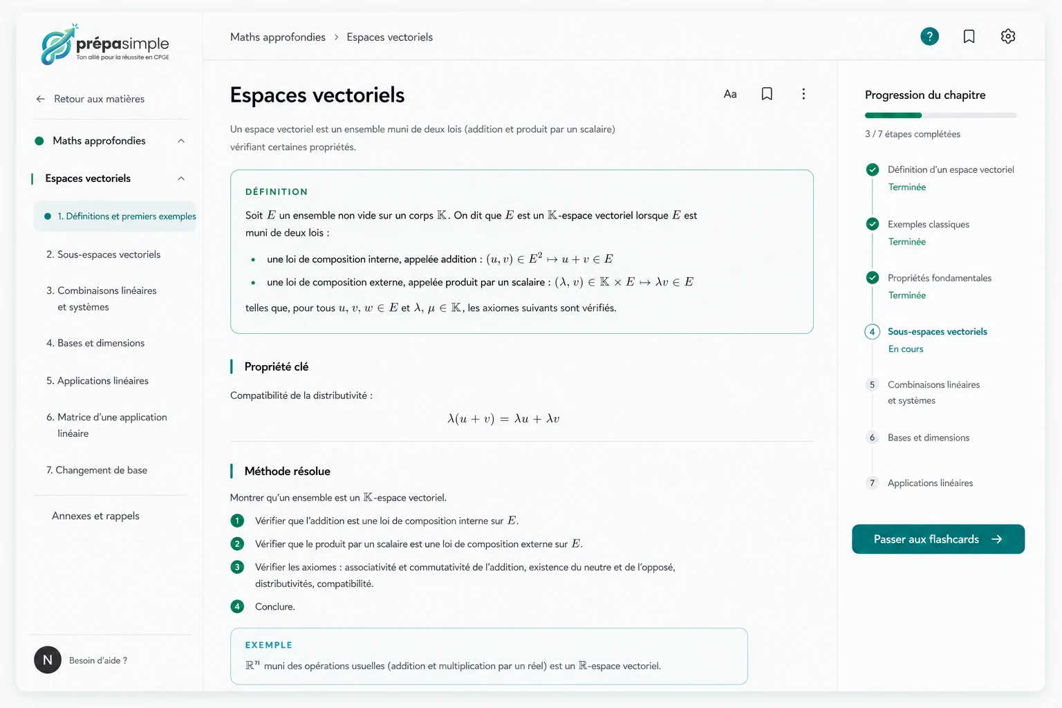 Fiche de cours PrépaSimple sur les espaces vectoriels avec progression du chapitre