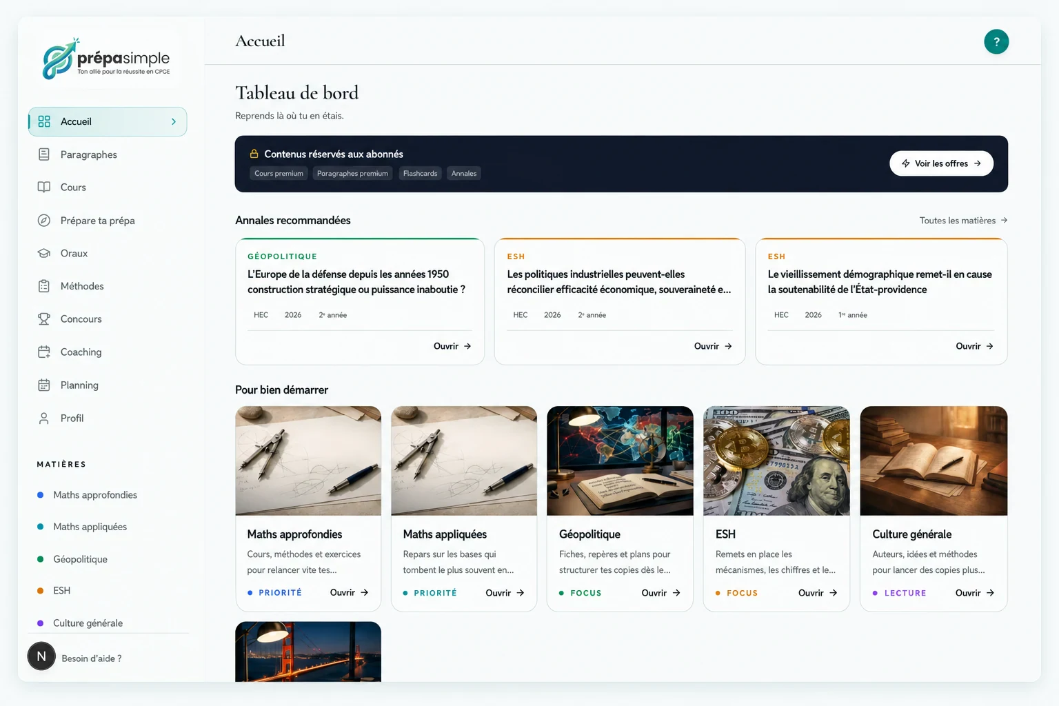 Tableau de bord PrépaSimple avec annales recommandées et accès aux matières ECG
