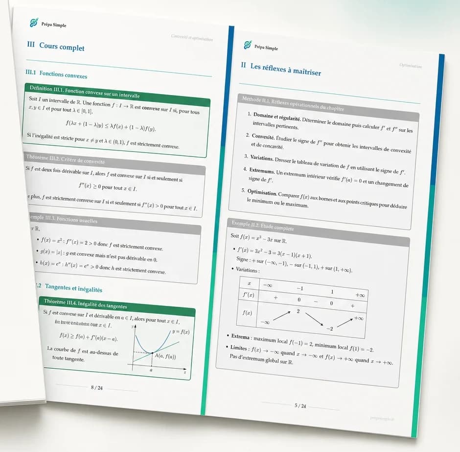 Deux pages de la fiche PrépaSimple Convexité et optimisation : le cours complet et les réflexes à maîtriser